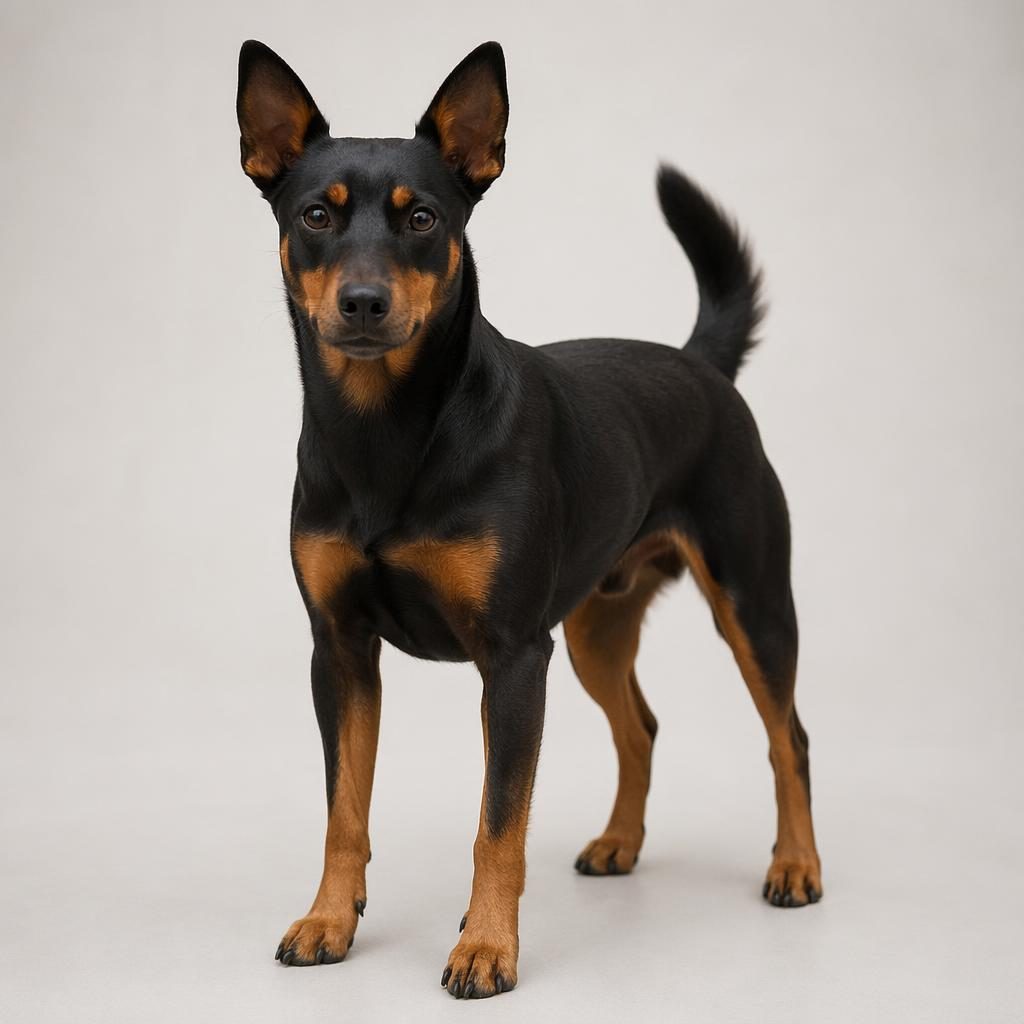 Ein einzelner erwachsener Zwergpinscher Mix sitzt entspannt vor neutralem Hintergrund, mit seltener Fellfarbe.