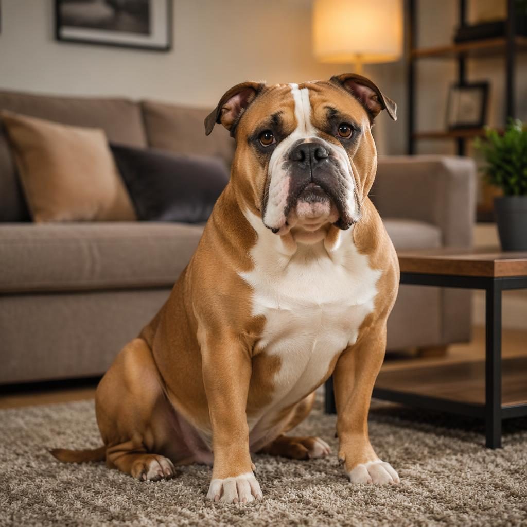Senior-Hundemix als Illustration in einem gemütlichen Wohnzimmer, freundlich entspannt, mit weichem Licht und detailreichem Fell