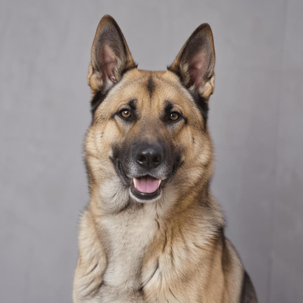 Ein einzelner erwachsener Malinois-Akita-Mix mit seltenem Fell, entspanntem Blick vor weichem neutralem Hintergrund.
