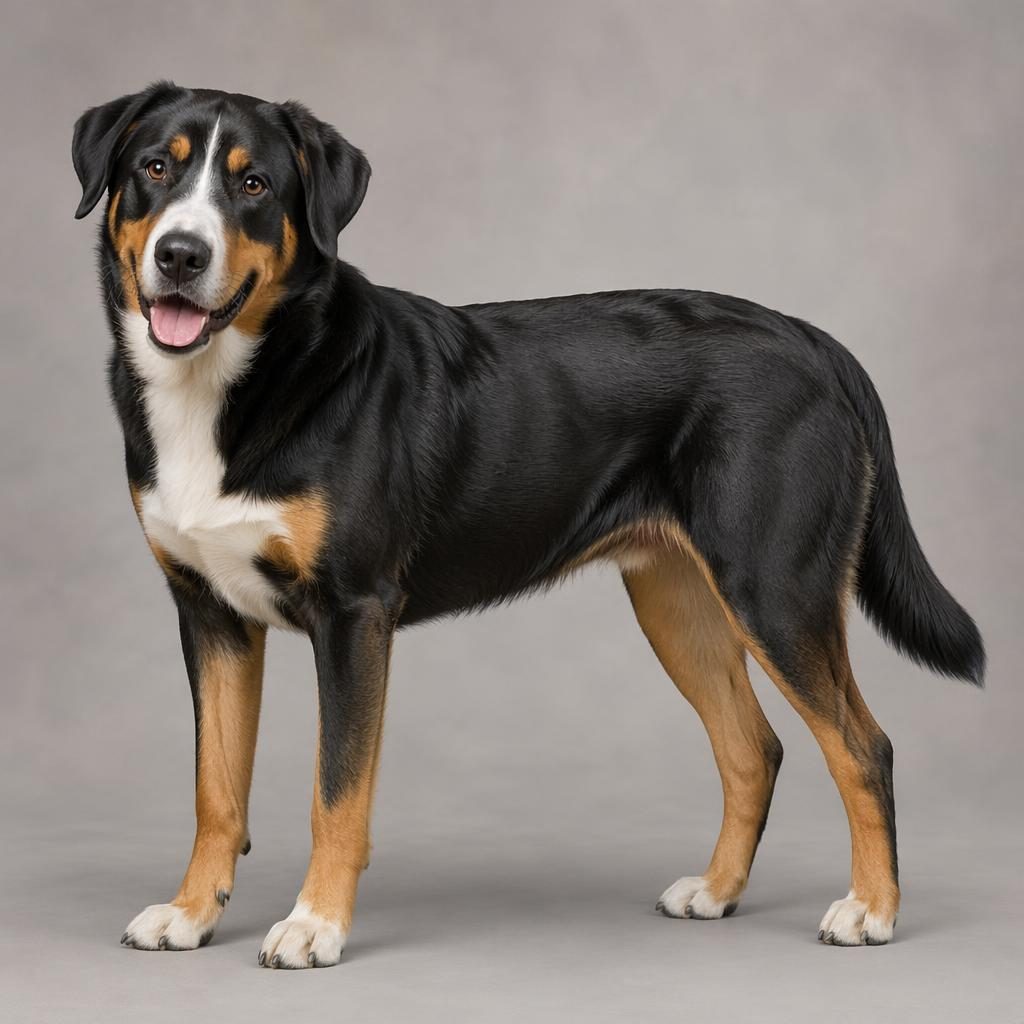 Ein einzelner erwachsener appenzeller sennenhund labrador mix als realistische Illustration vor neutralem Hintergrund.