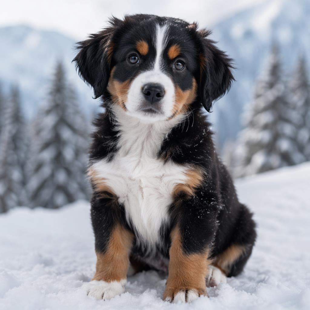 Chiot croisé bouvier bernois et bouledogue français dans un paysage enneigé, portrait éditorial réaliste.