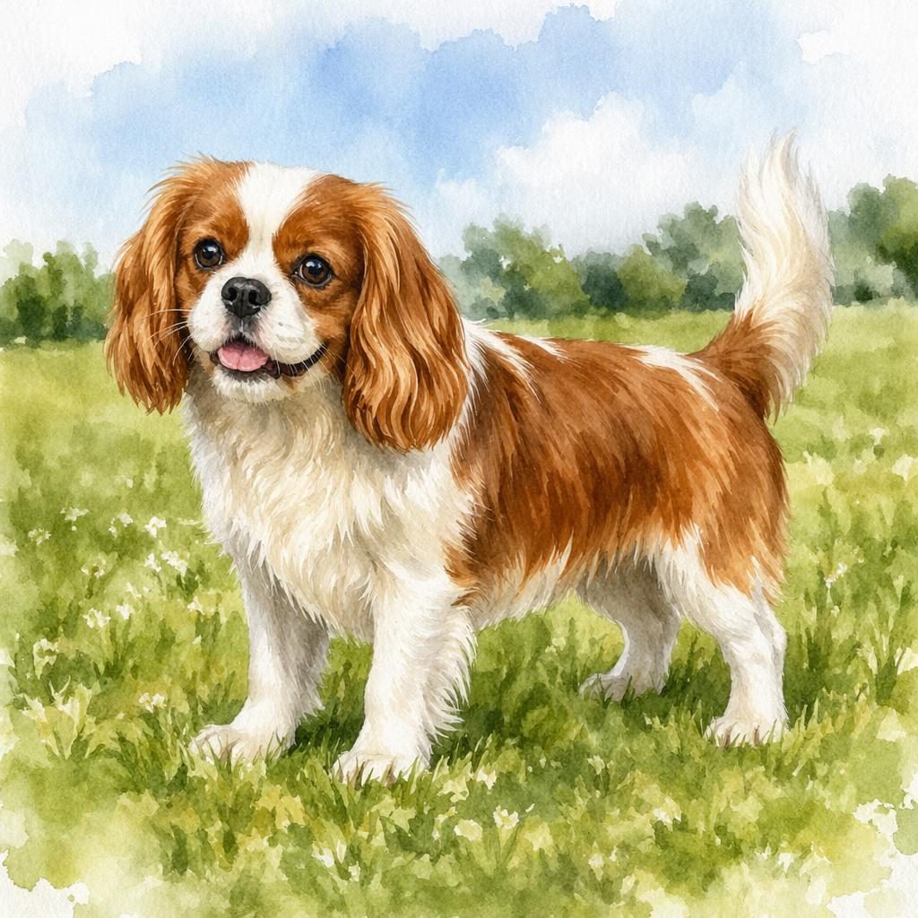 Watercolor-style senior corgi husky mix dog standing in a grass meadow with relaxed expression and soft natural light.