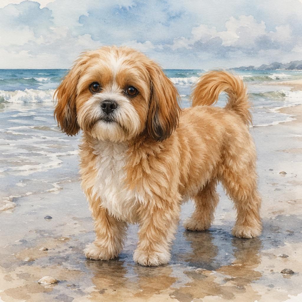 Ein einzelner, entspannter Welpe im Aquarellstil am Strand mit weichem Licht und detailreicher Fellstruktur.