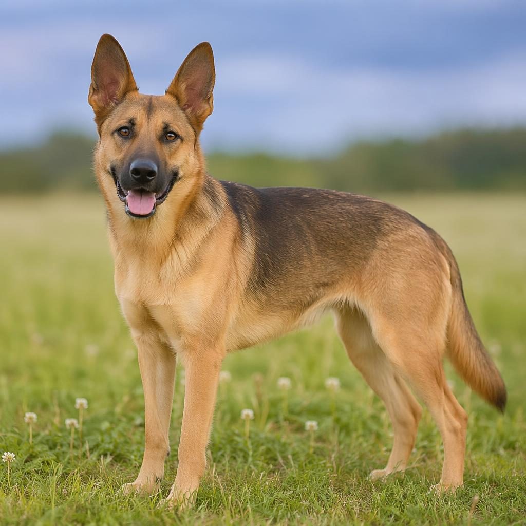 Ein einzelner junger Mischhund auf einer Graswiese, freundlich entspannt, mit kurzem Fell und natürlichem Licht.