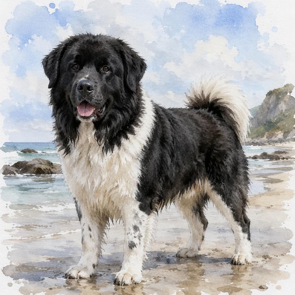 Aquarell eines einzelnen Jack-Russell-Shiba-Mix-Hundes am Strand mit seltener Fellfarbe, entspannt und freundlich