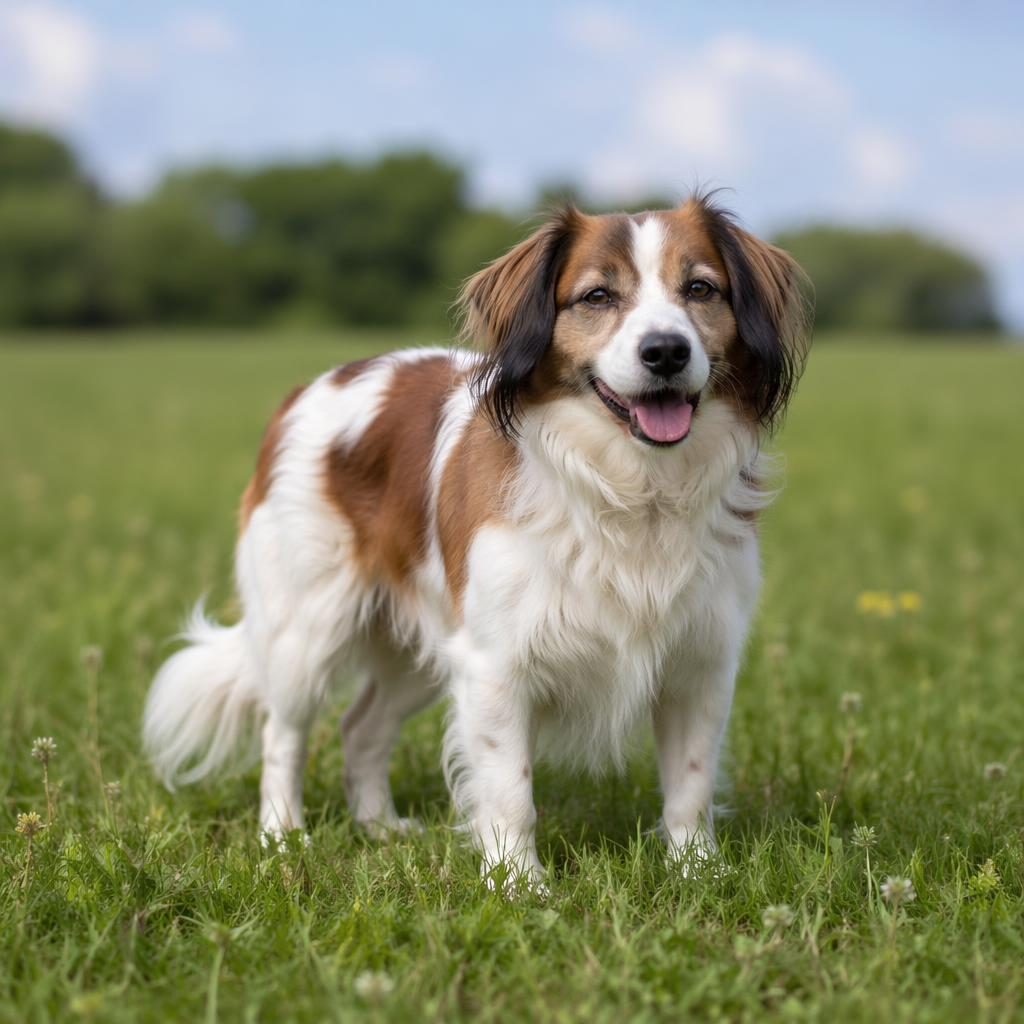 Senior-Hund als Kooikerhondje Havaneser Mischling auf einer grünen Wiese bei weichem Tageslicht
