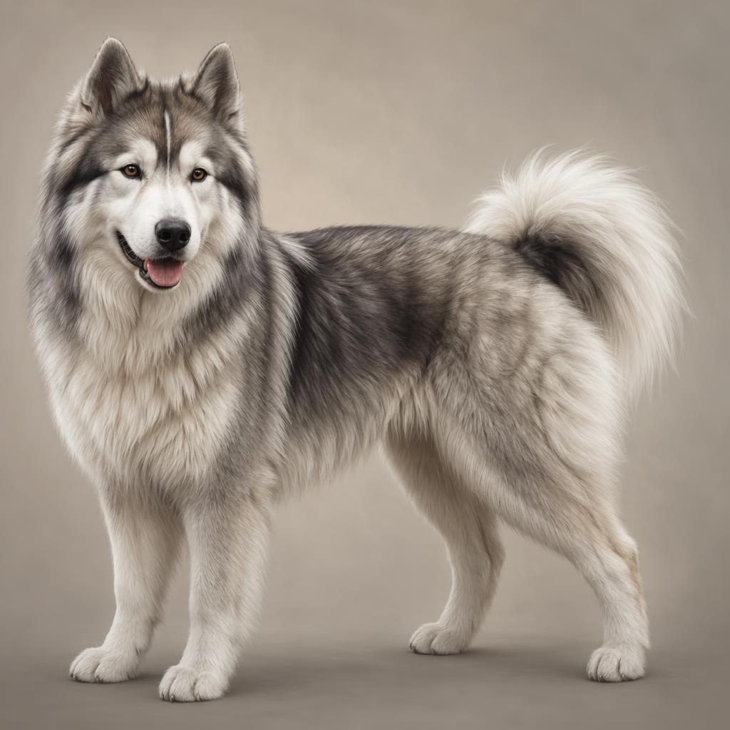 Ein einzelner Samojede-Labrador-Mix als realistische Illustration vor weichem neutralem Hintergrund.