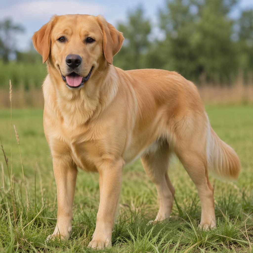 Photorealistic Golden Retriever and Labrador mix dog standing in a grass meadow in soft natural light