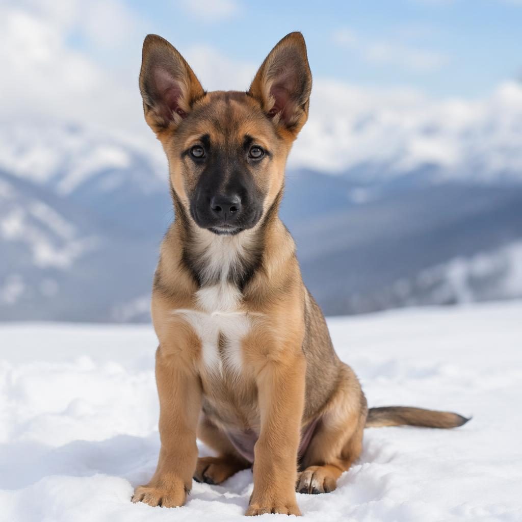 Studio-style photo of a Shih Tzu Jack Russell mix puppy standing in snow, relaxed, well-groomed, with soft light