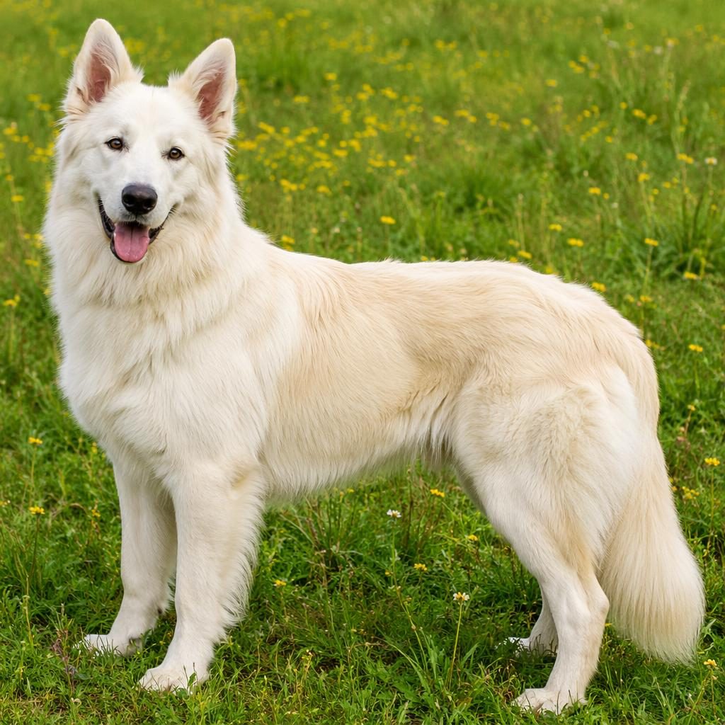 Illustration eines einzelnen weissen schweizer schäferhund golden retriever mix auf einer Graswiese, entspannt und fotorealistisch