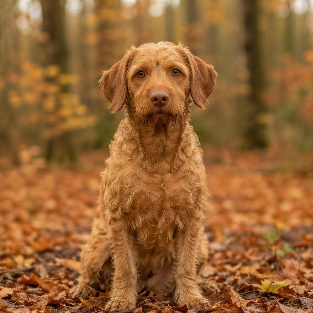 Ein einzelner senioriger Mischlingshund im Herbstwald, freundlich entspannt, mit weichem Licht und fotorealistischer Fellstruktur.