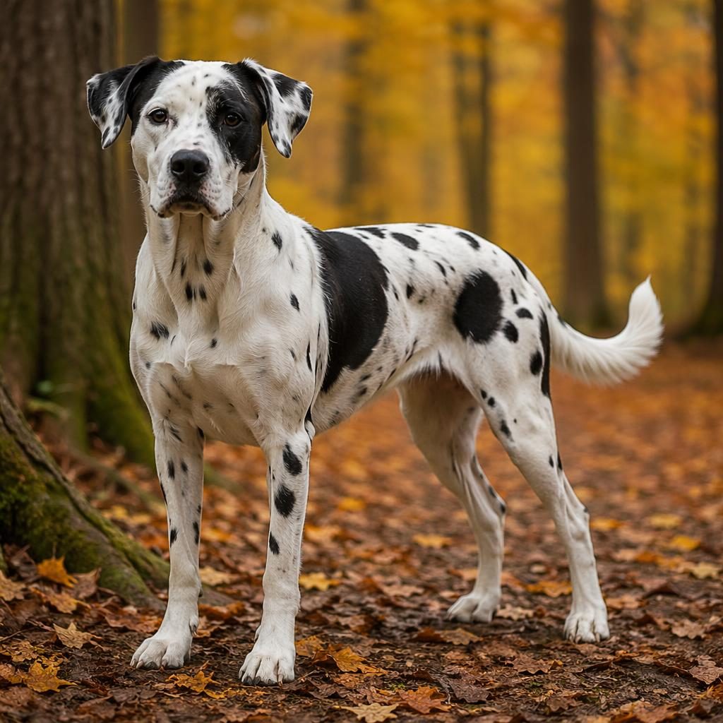 Illustration eines einzelnen senior Hundes als dogo argentino dalmatiner mix im Herbstwald, freundlich und fotorealistisch