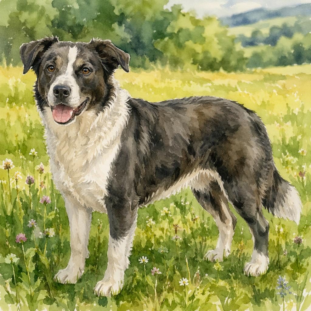 Ein einzelner senior Hund als realistischer Mix aus Border Collie und Boxer im Aquarellstil auf einer Graswiese.