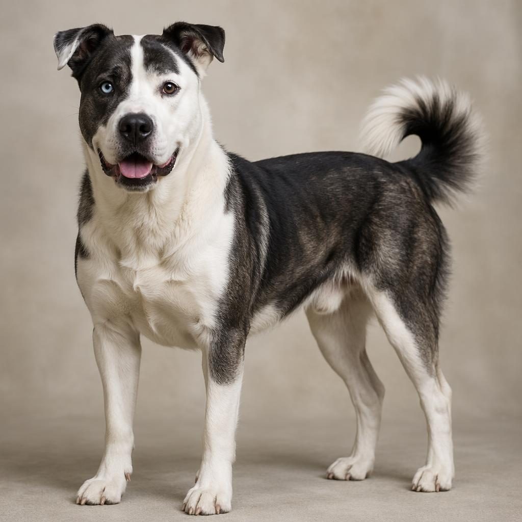 Photo-real illustration of a single adult mixed-breed dog with unusual coat, relaxed expression, and soft neutral background.