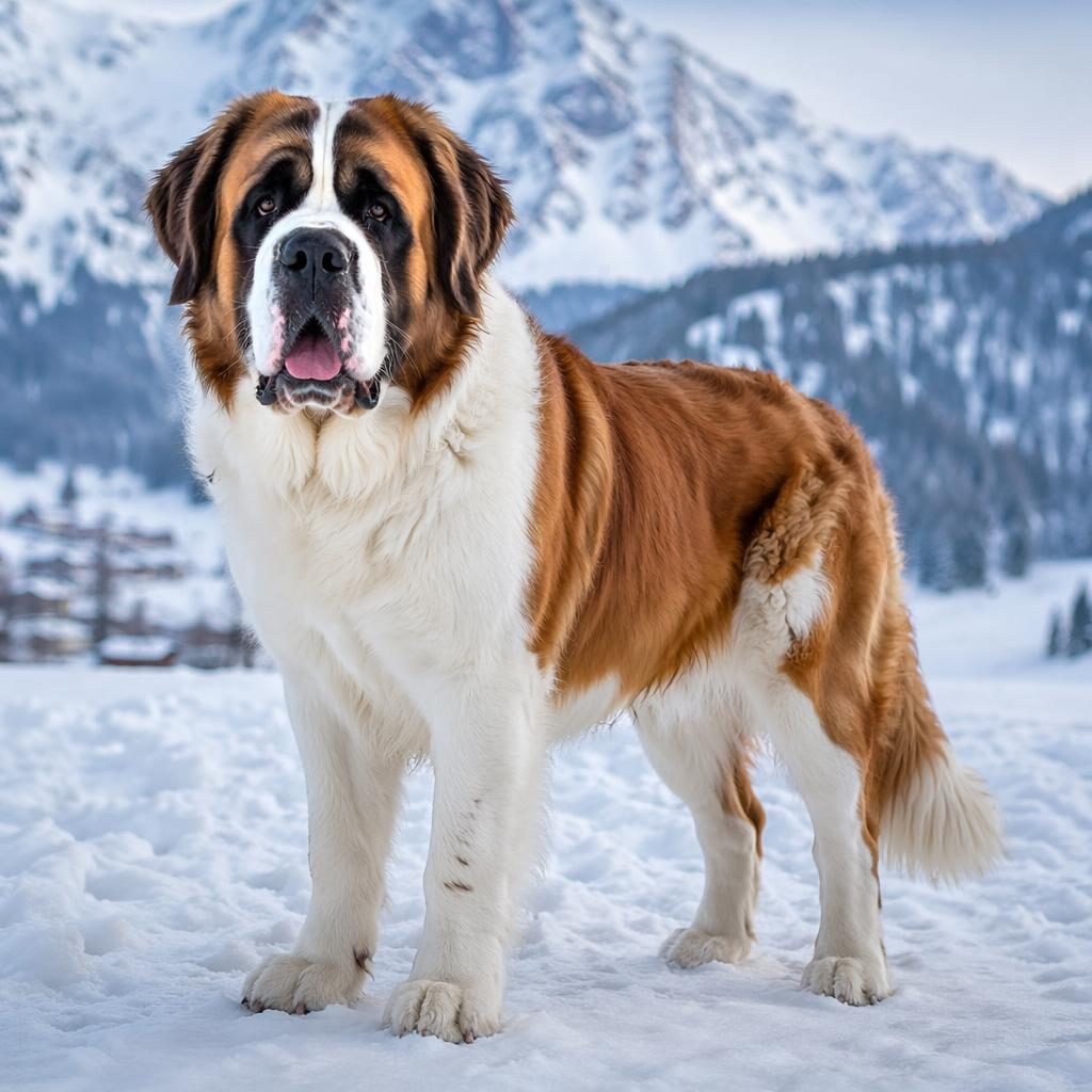 Ein einzelner, freundlich wirkender Mischlingshund im Schnee, mit realistischer Fellstruktur, weichem Licht und Editorial-Look.