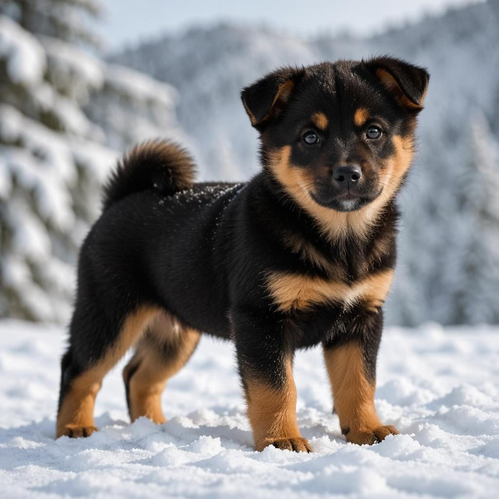 Fotorealistische Illustration eines einzelnen Rottweiler-Shiba-Inu-Welpen in verschneiter Landschaft, entspannt und freundlich