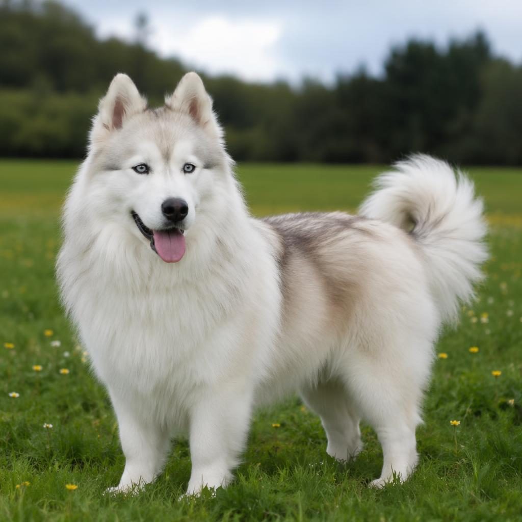 Perro mestizo joven tipo cruce entre husky y samoyedo, de pie en pradera verde, pelaje realista y luz suave.