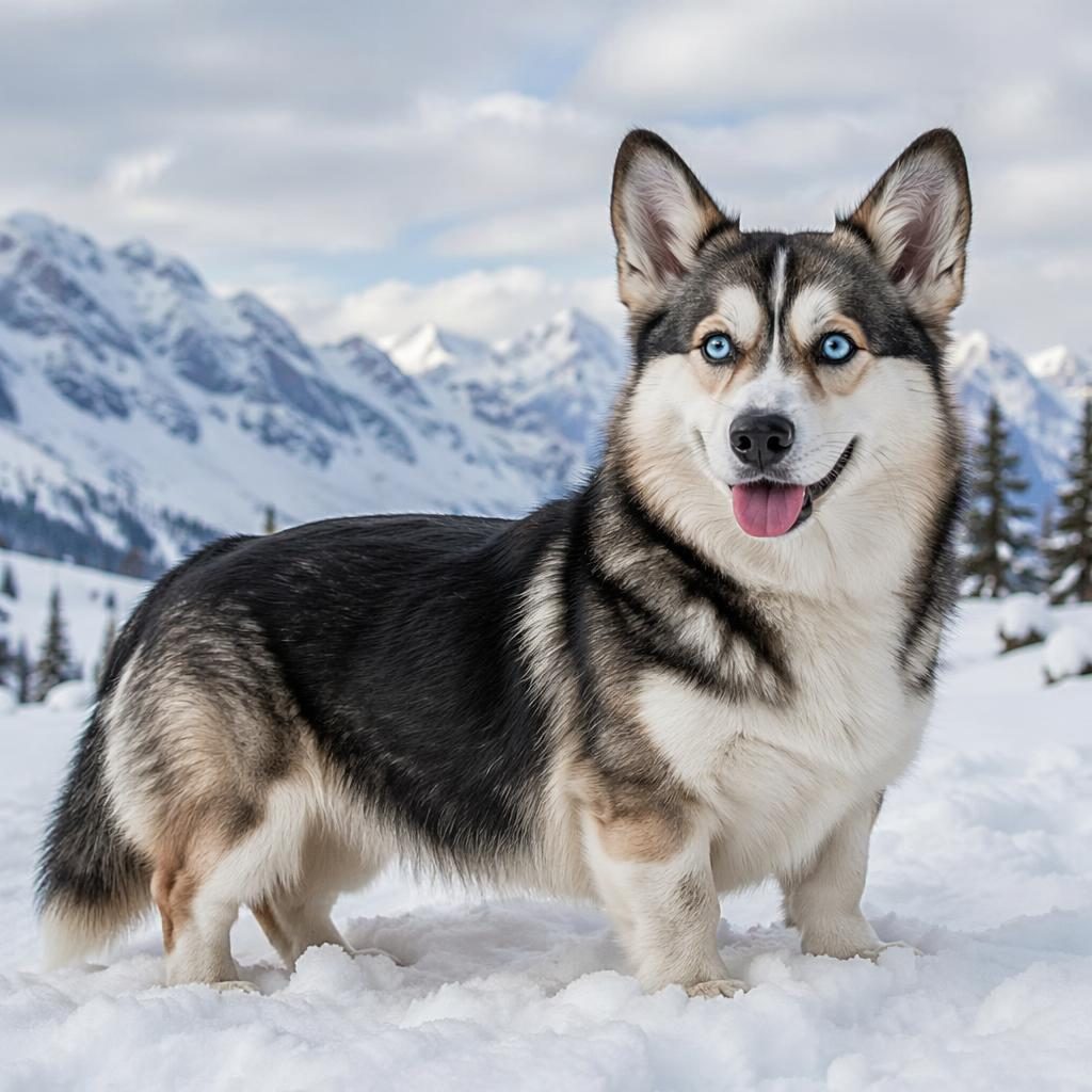 Photo-real illustration of a single friendly corgi husky mix dog standing in snow with soft natural light.