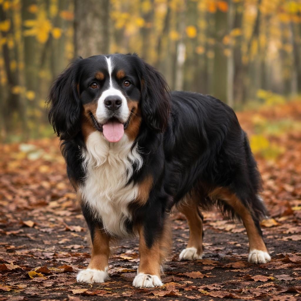 Ein einzelner senioriger Hund im Spaniel-Mix-Look als Editorial-Porträt im Herbstwald, freundlich, gepflegt, weich beleuchtet.