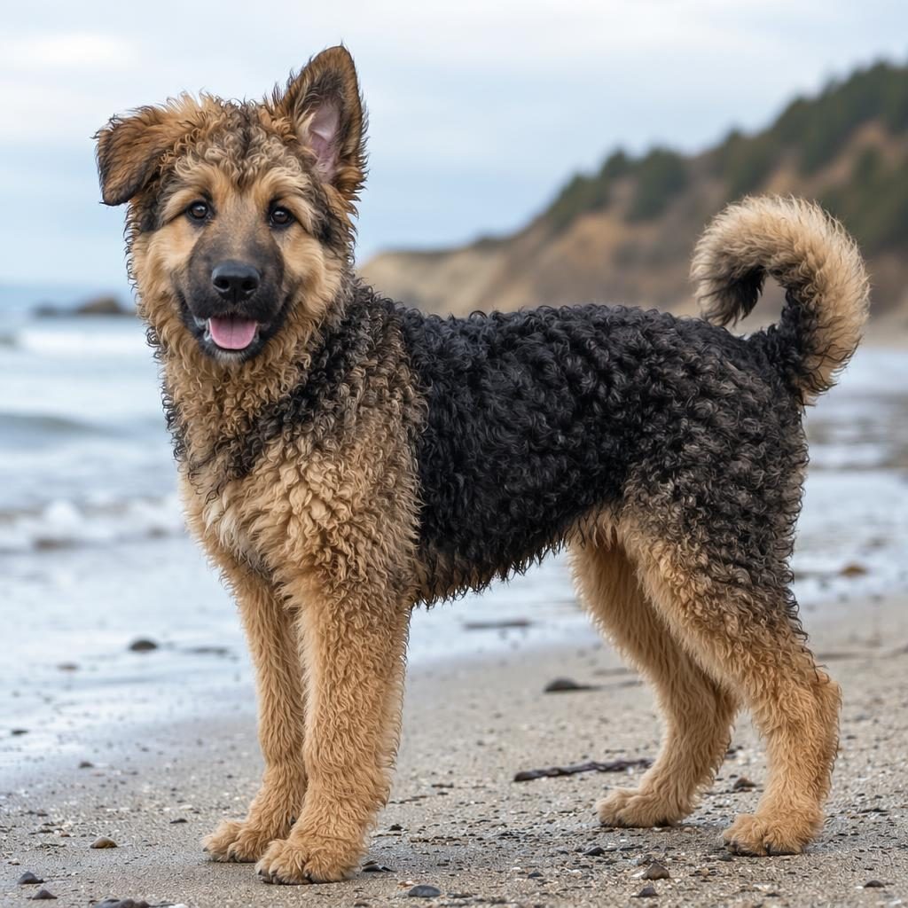 Fotorealistischer Schäferhund-Pudel-Welpe am Strand, freundlich, mit weichem Licht, gepflegtem Fell und scharfem Fokus.