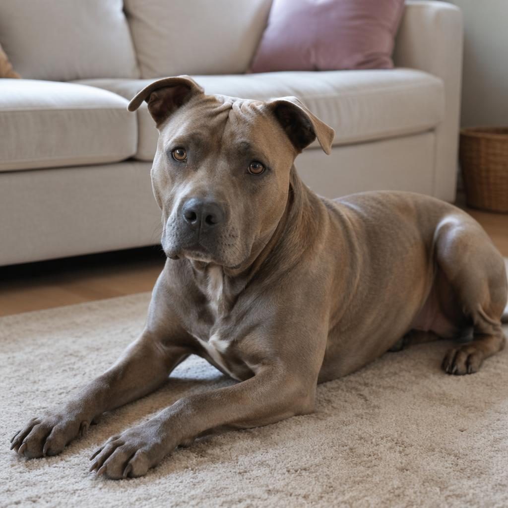 Senior staffy x ridgeback style mixed dog resting in a cozy living room with soft natural light and realistic fur