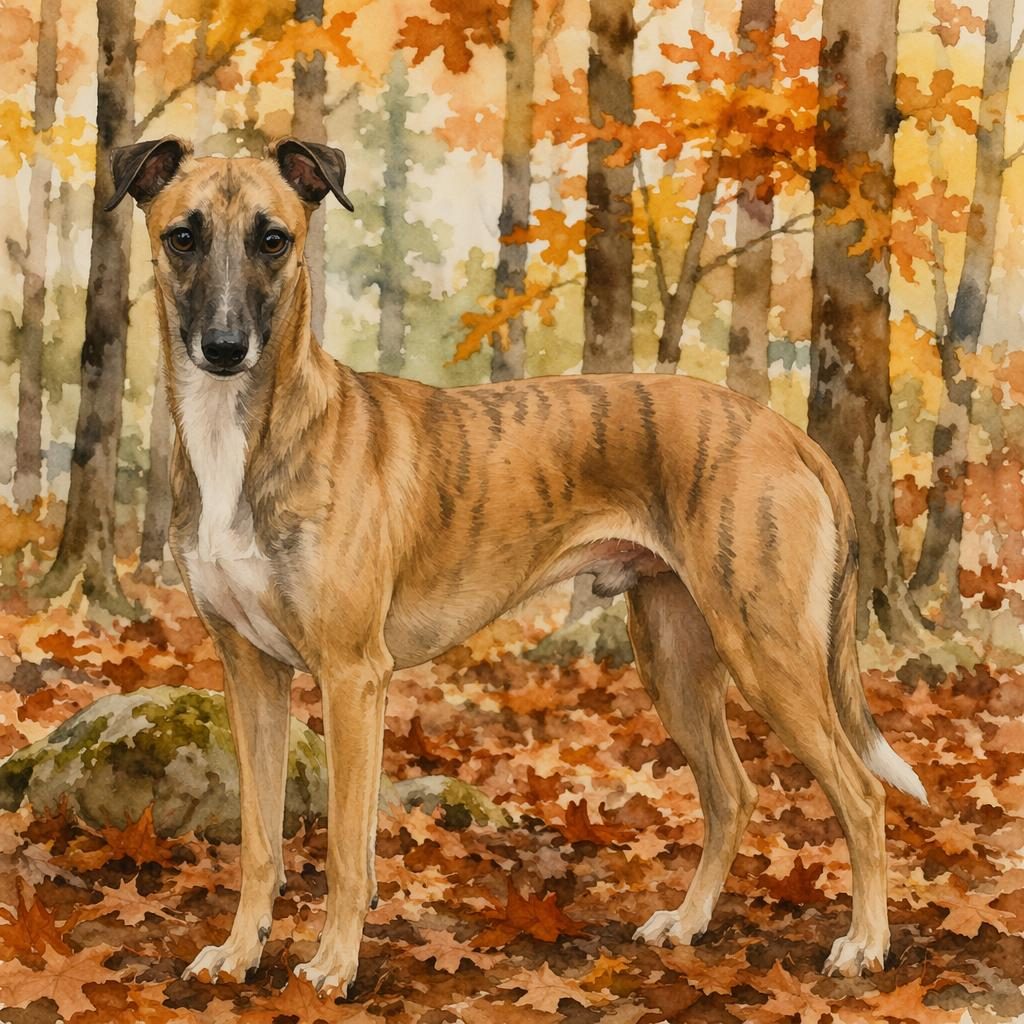 Perro mestizo joven tipo cruce de galgo, estilo acuarela, en bosque otoñal con luz natural suave y gesto relajado.