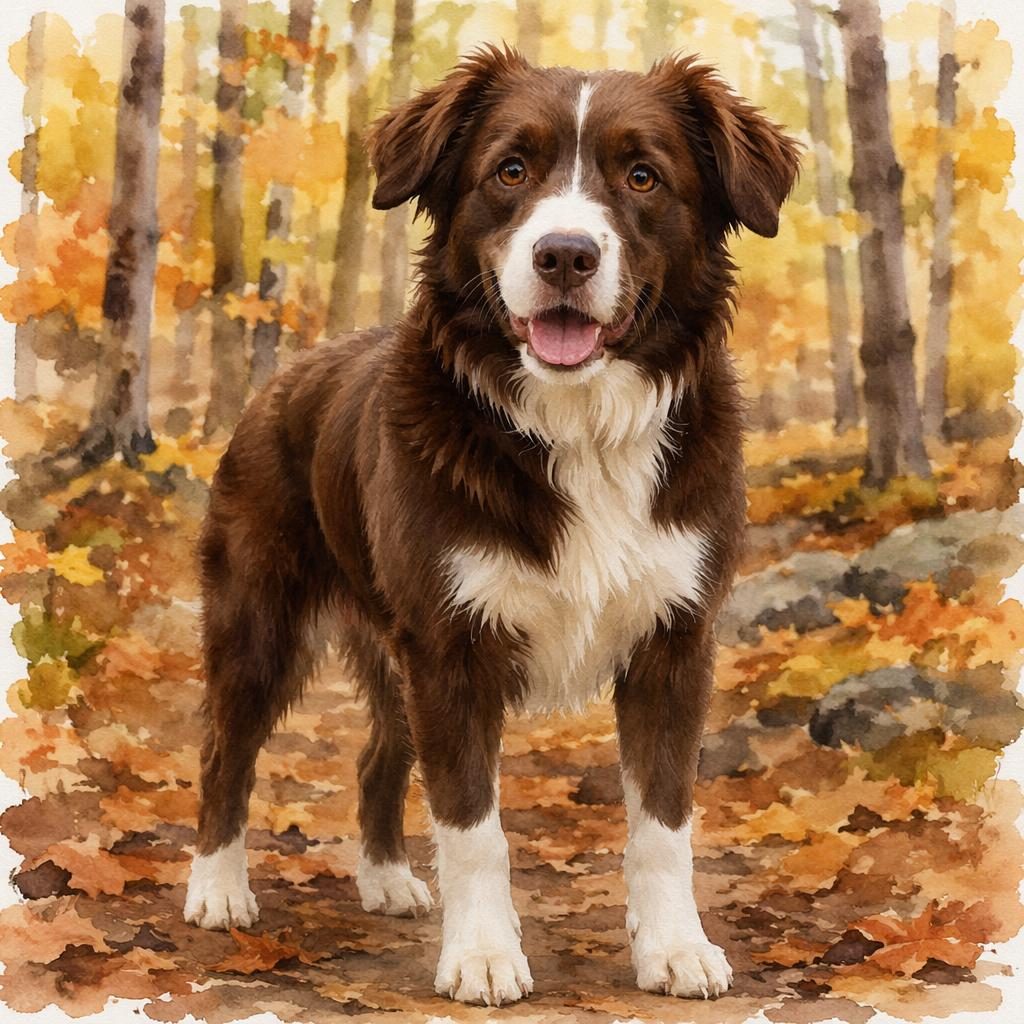 Watercolor-style single young adult border collie boxer mix dog standing in an autumn forest with soft light