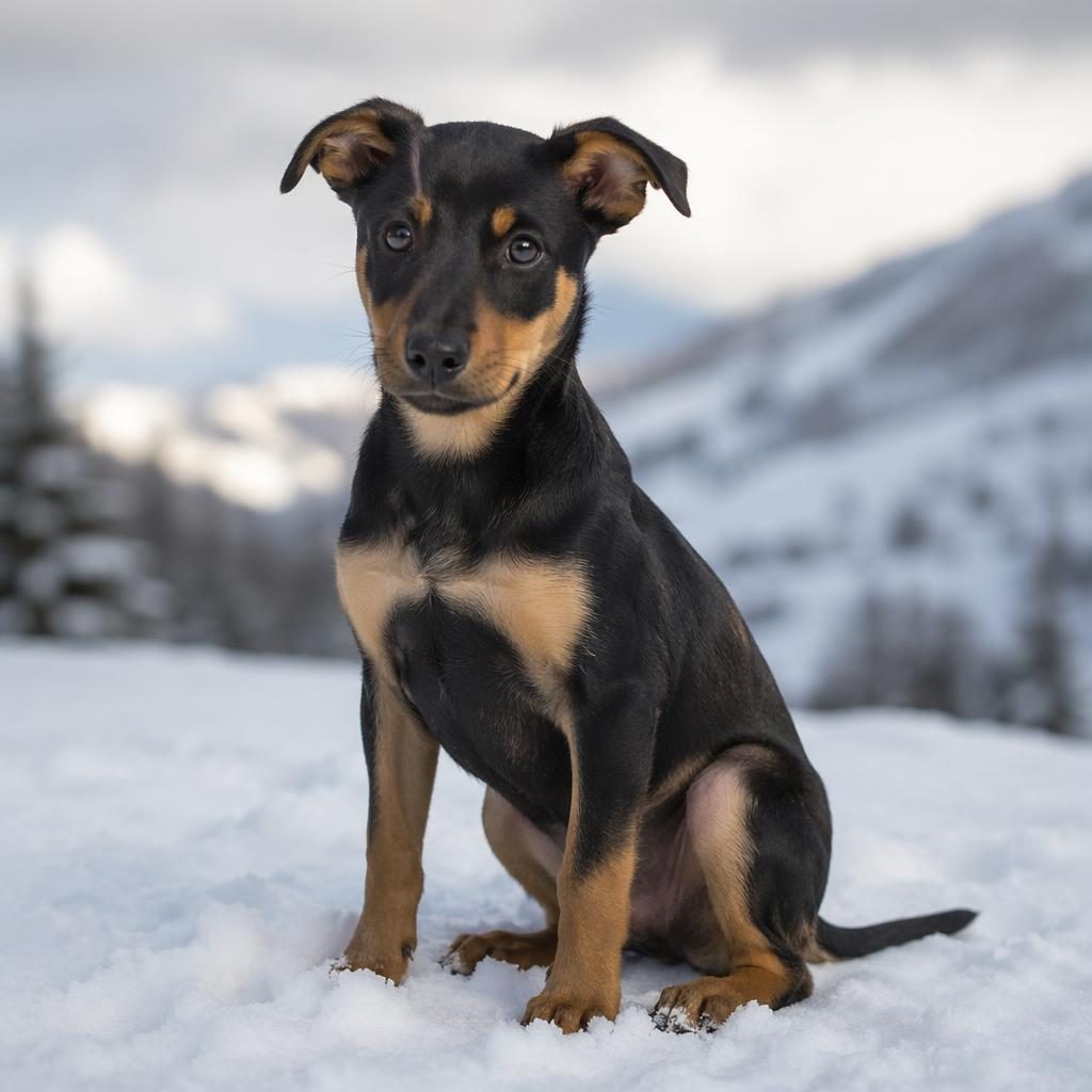 Portrait éditorial d’un chiot hybride Chihuahua Labrador seul dans un paysage enneigé, lumière douce, pelage réaliste