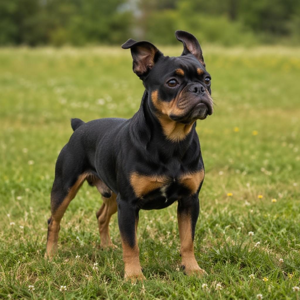 Senior Dobermann-Rottweiler-Mix mit freundlichem Blick auf einer grünen Wiese, natürliches Licht, fotorealistisches Fell