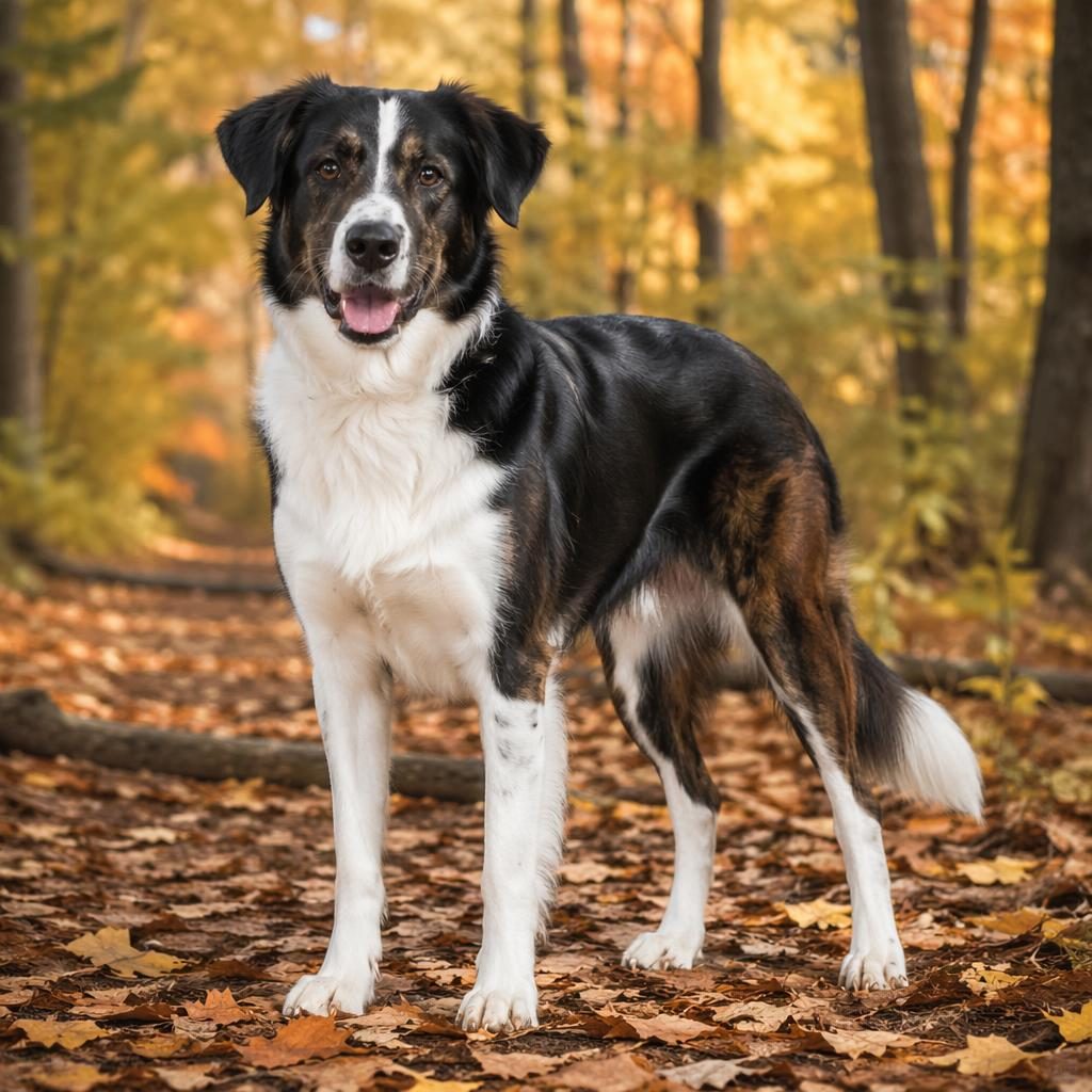 Illustration eines einzelnen Border-Collie-Boxer-Mischlings im Herbstwald, freundlich, gepflegt, mit weichem Licht.