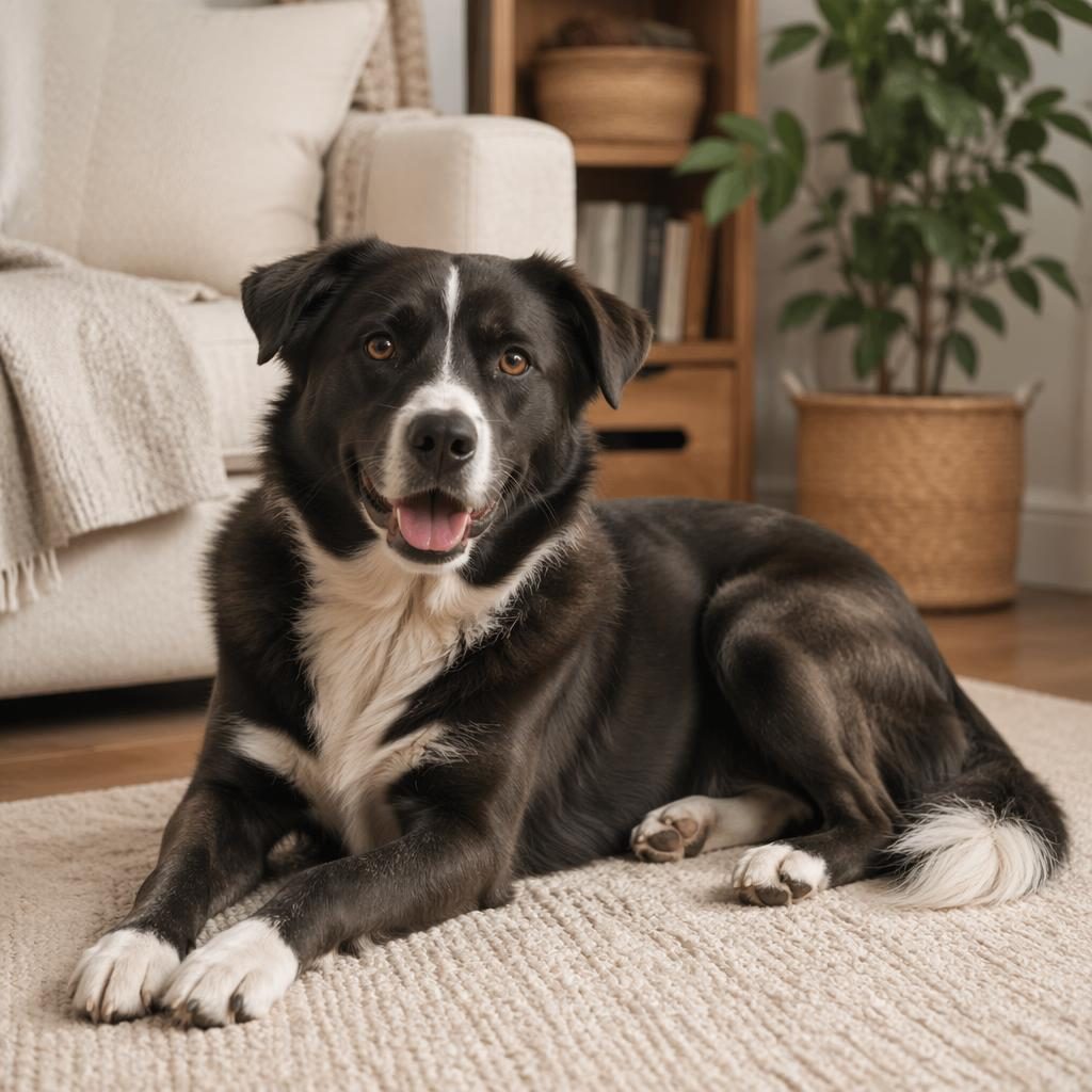 Photoreal illustrated senior mixed-breed dog resting in a cozy living room with soft light, fluffy coat, relaxed pose, and sharp fur detail.