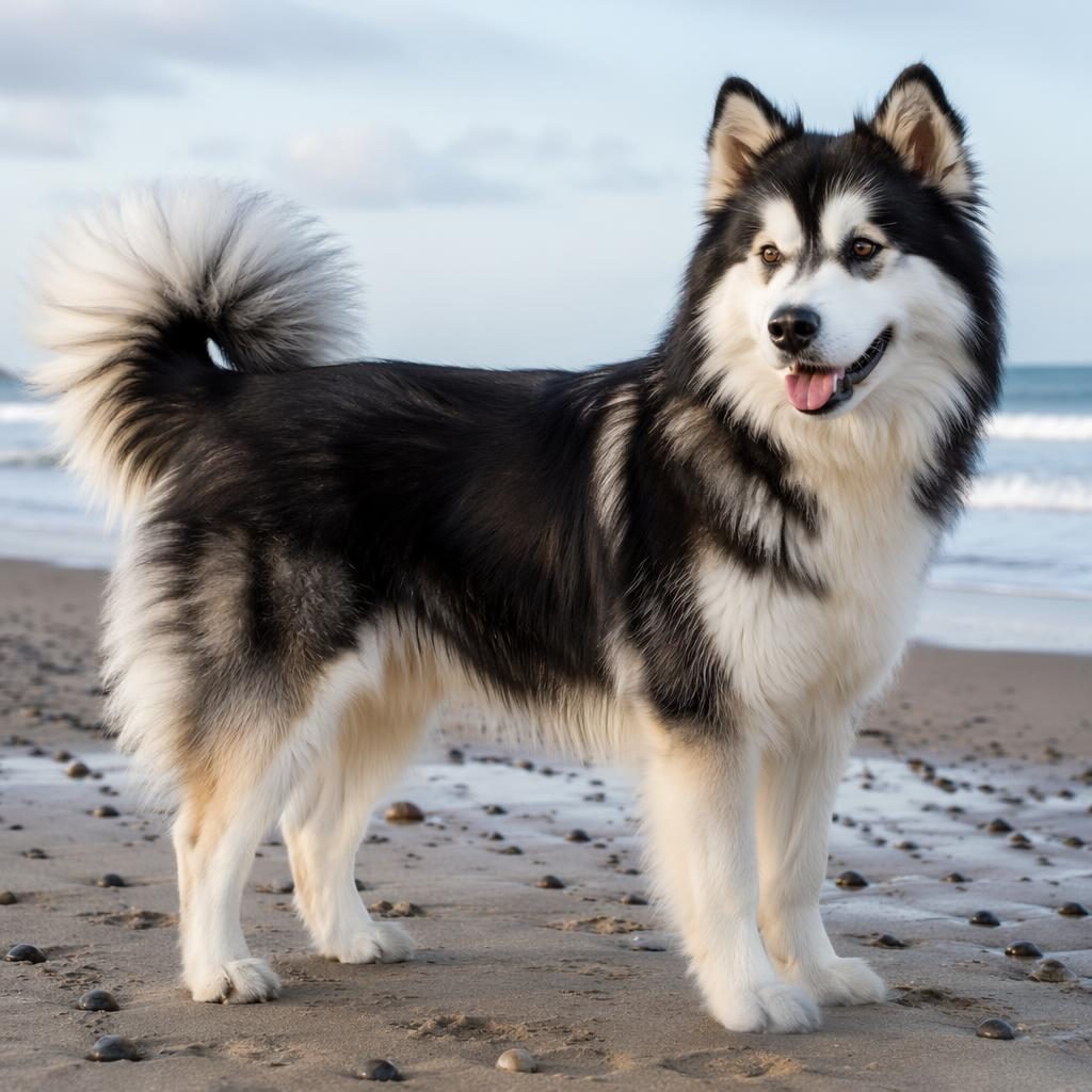 Fotorealistische Illustration eines einzelnen freundlichen Hundes am Strand mit weichem Licht und seltener Fellfarbe.