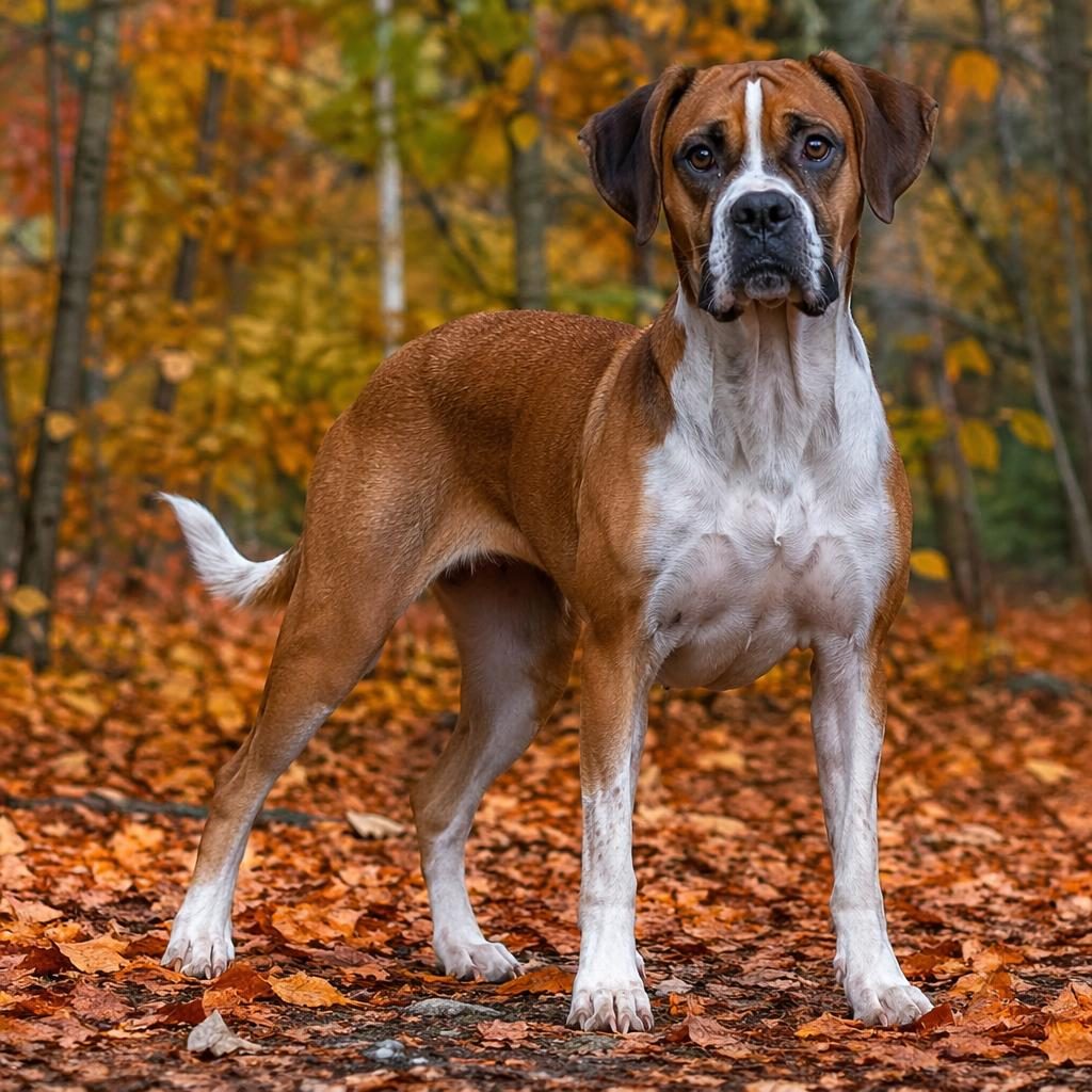 Senior boxer hound mixed-breed dog standing in an autumn forest with a relaxed expression, soft natural light, and detailed fur.