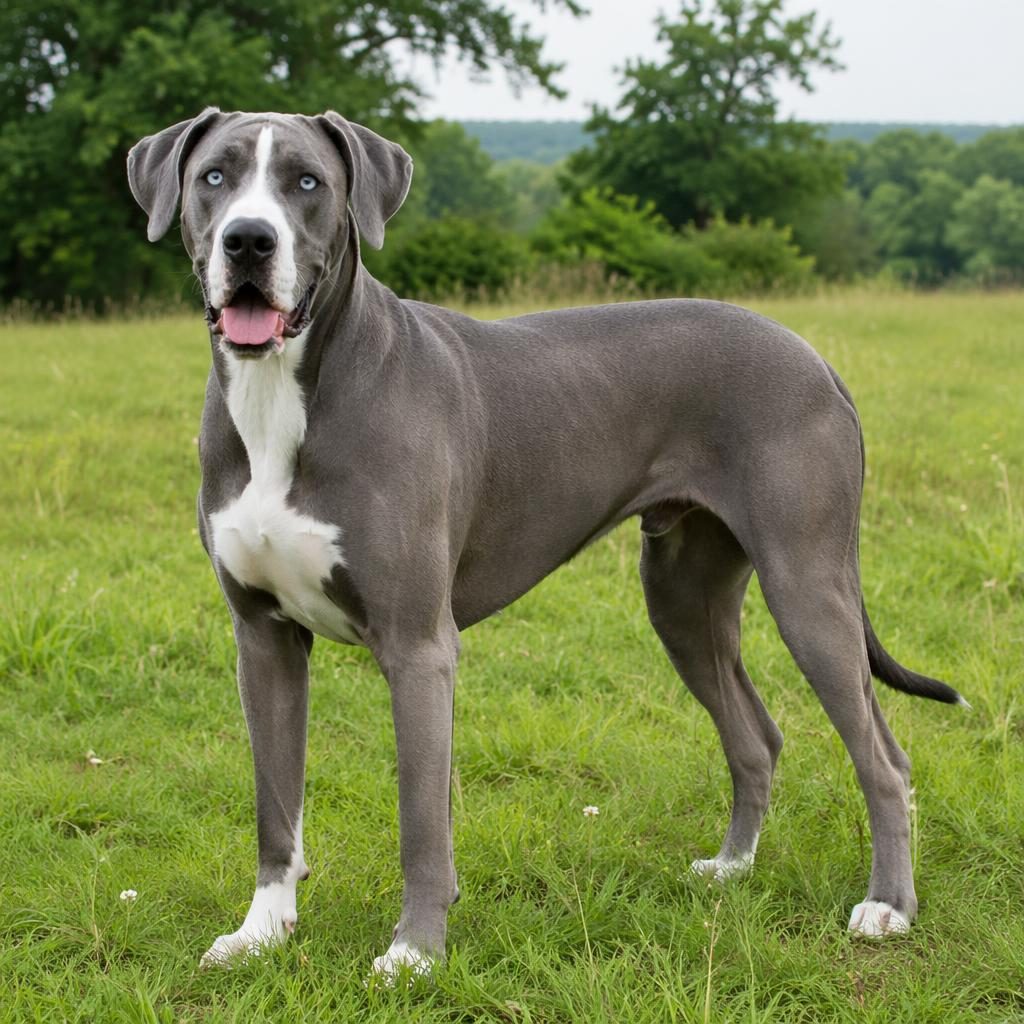 Photoreal single hybrid dog resembling a pitbull greyhound mix standing in a grass meadow with soft natural light