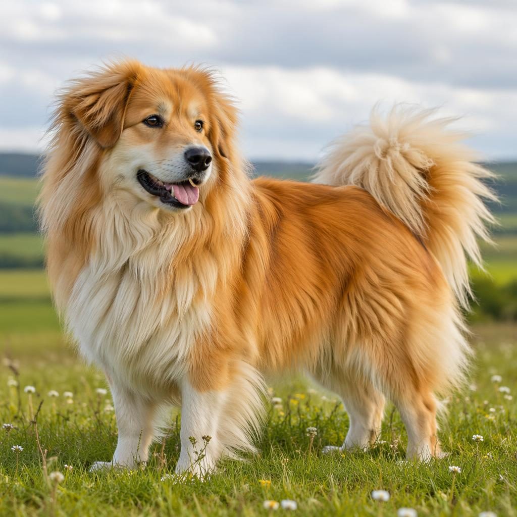 Illustration eines älteren Golden Retriever-Pomeranian-Mix auf einer grünen Wiese, freundlich, gepflegt, mit weichem Licht.