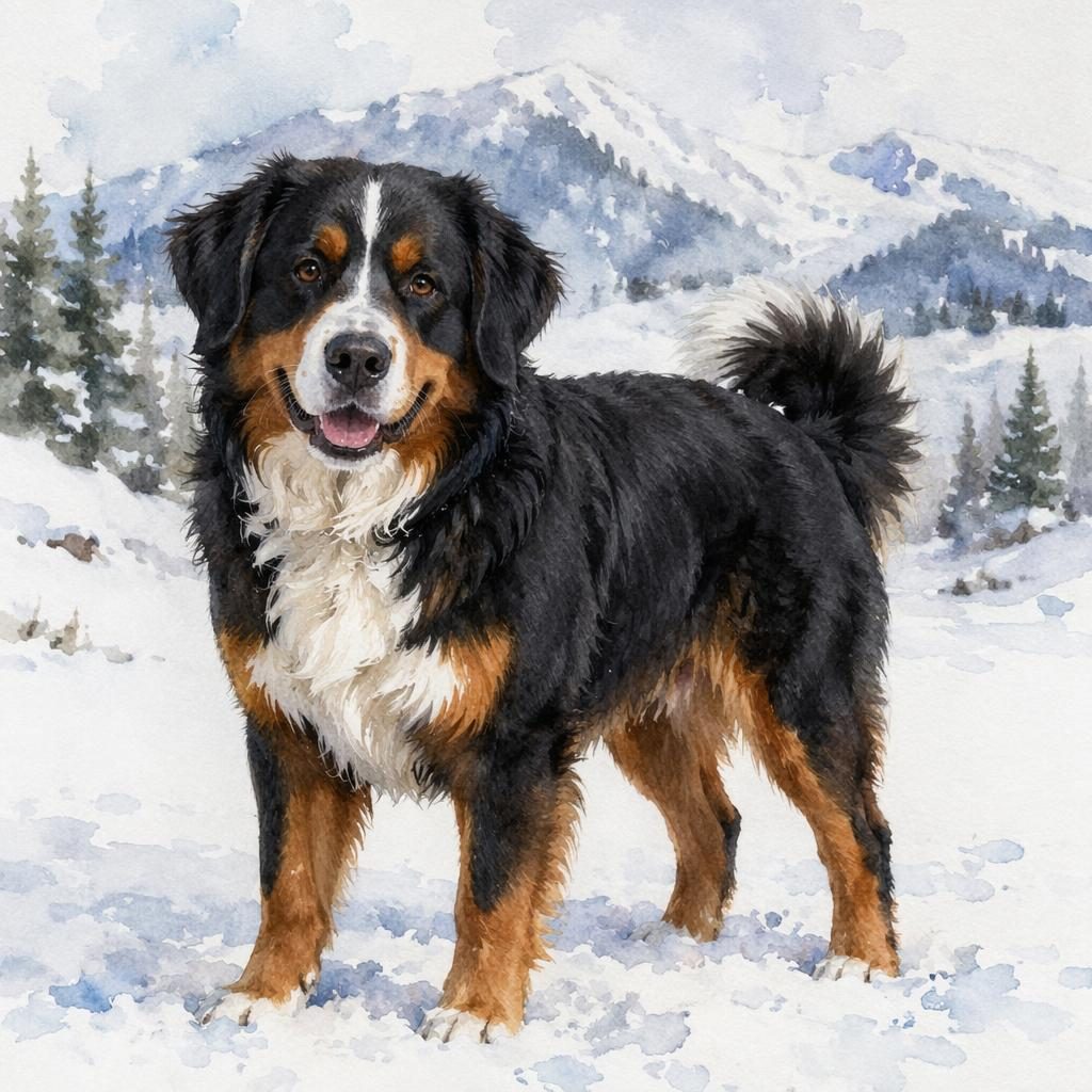 Single adult dingo mix dog with Lab and Akita traits, unusual coat, relaxed expression, standing in a snowy landscape.