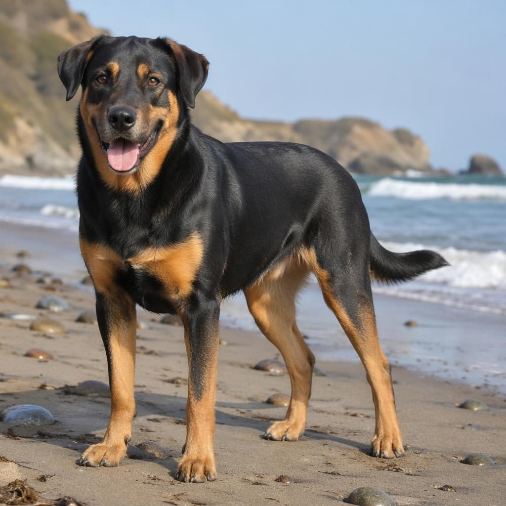 Ein einzelner Pomeranian-Husky-Mix als realistische Illustration am Strand, freundlich, gepflegt, mit seltener Fellfarbe.