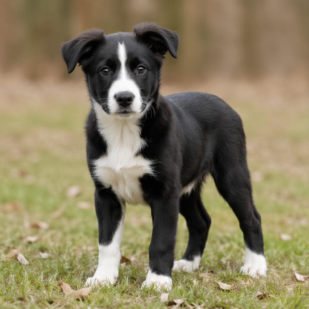 Photo-real puppy from a border collie boxer mix sitting outdoors on a soft neutral background in natural light.