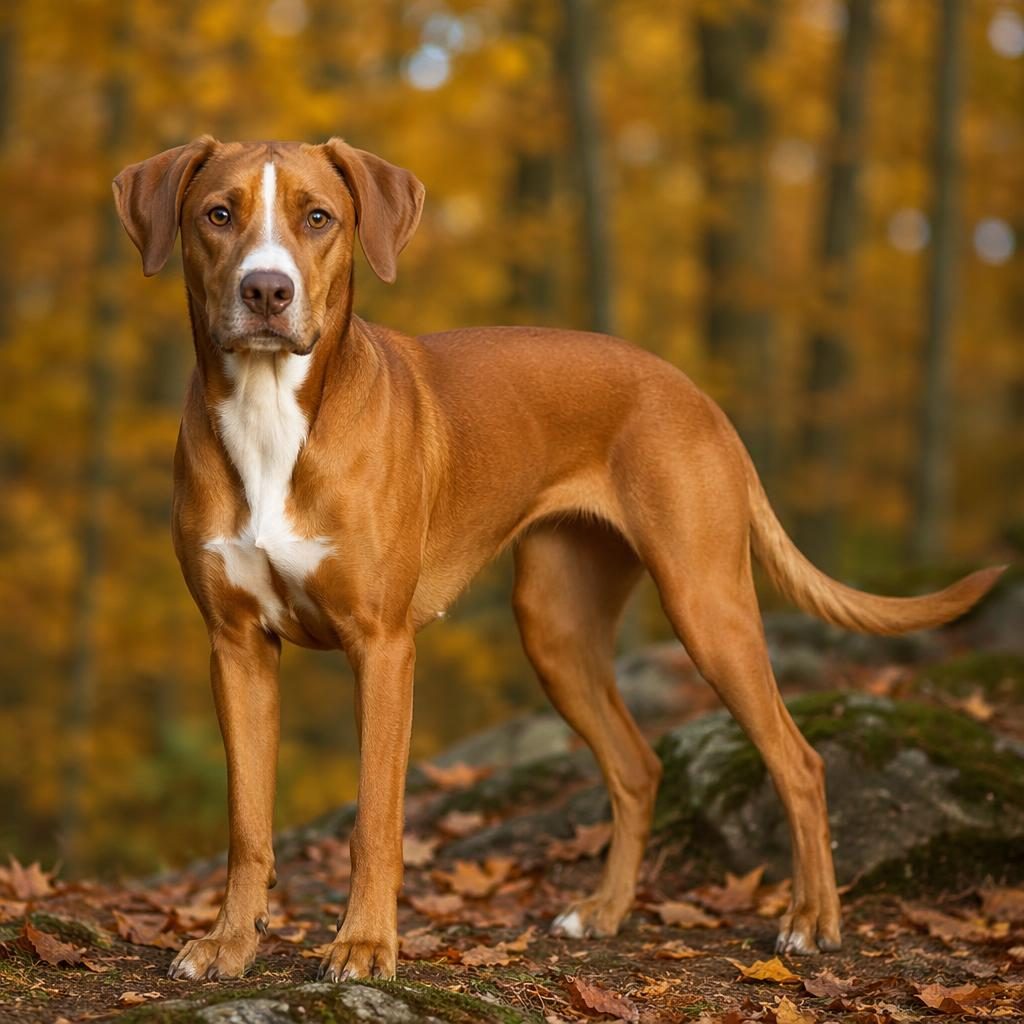 Studio-style portrait of a single friendly vizsla mix dog in an autumn forest, with realistic fur and soft natural light.