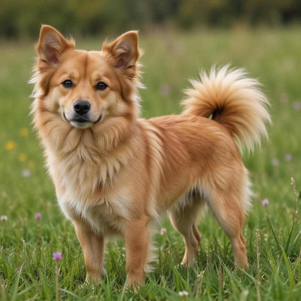 Senior mixed-breed dog in a grass meadow, realistic fur, friendly relaxed pose, soft natural light, single dog only