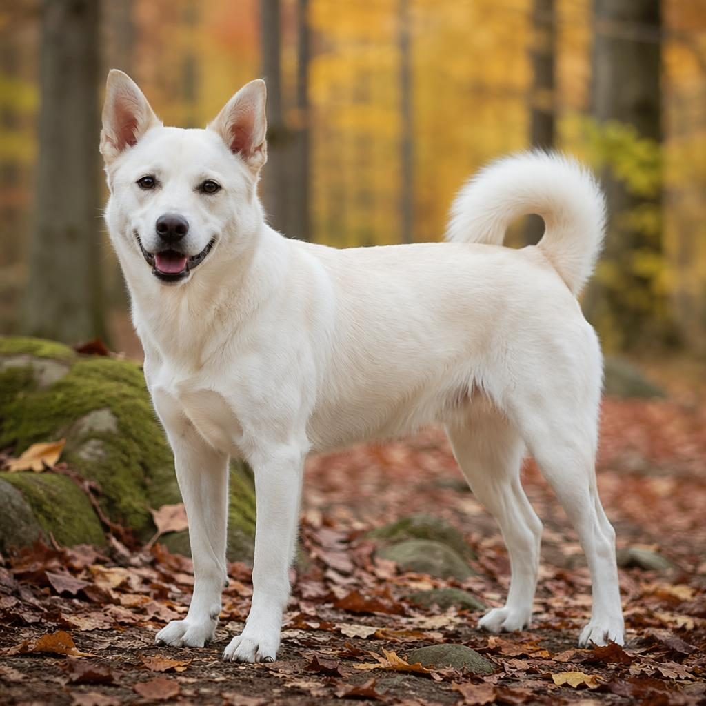 Ein einzelner kurzhaariger Hund im Samojede-Labrador-Mix steht entspannt in einem herbstlichen Wald bei weichem Licht.