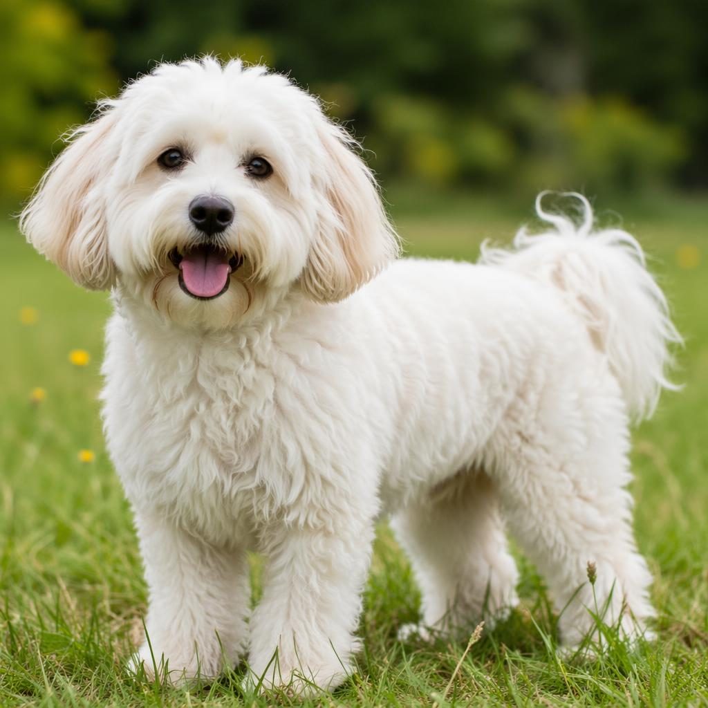 Single friendly young adult mixed-breed dog in a grass meadow, with soft natural light and realistic detailed fur