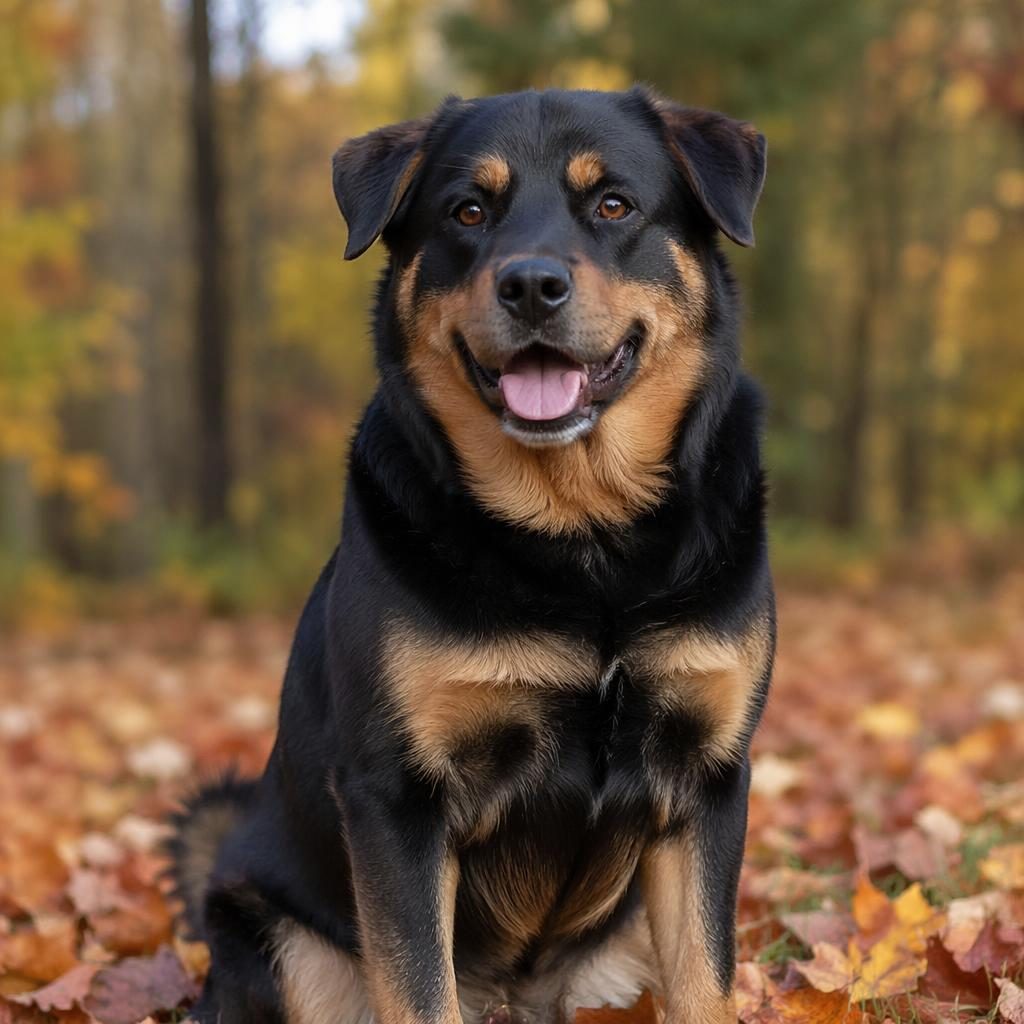 Single senior mixed-breed dog in an autumn forest, with small-to-medium build, soft natural light, and realistic fur detail.