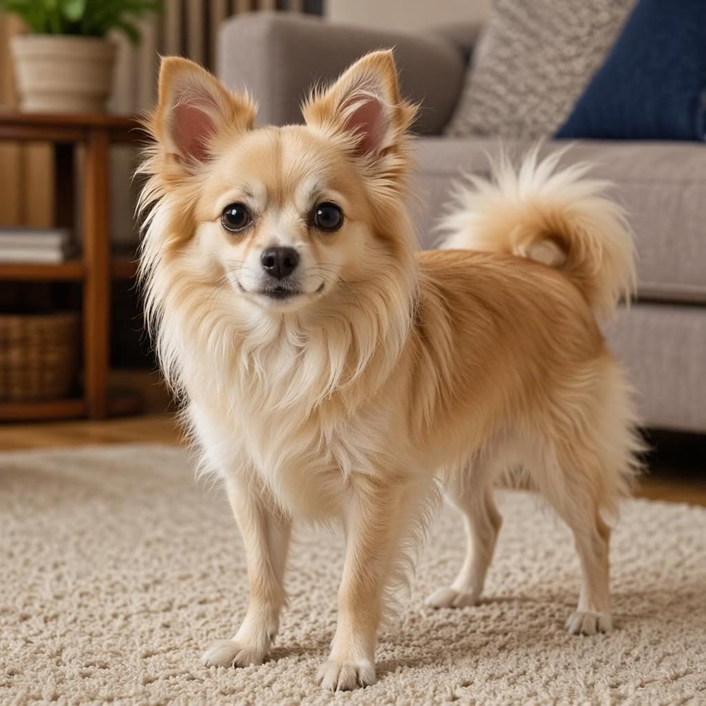 Photo-real illustrated pomeranian chihuahua mix dog resting in a cozy living room with soft natural light.