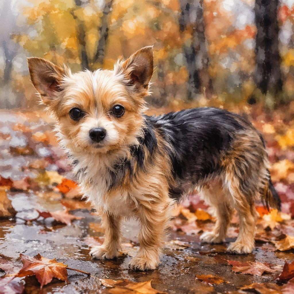 Watercolor portrait of a senior hybrid dog in an autumn forest with relaxed expression, soft light, and realistic fur.