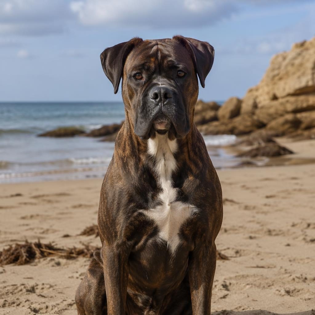 Single hybrid dog on a beach in soft natural light, athletic build, short unusual coat, relaxed friendly expression