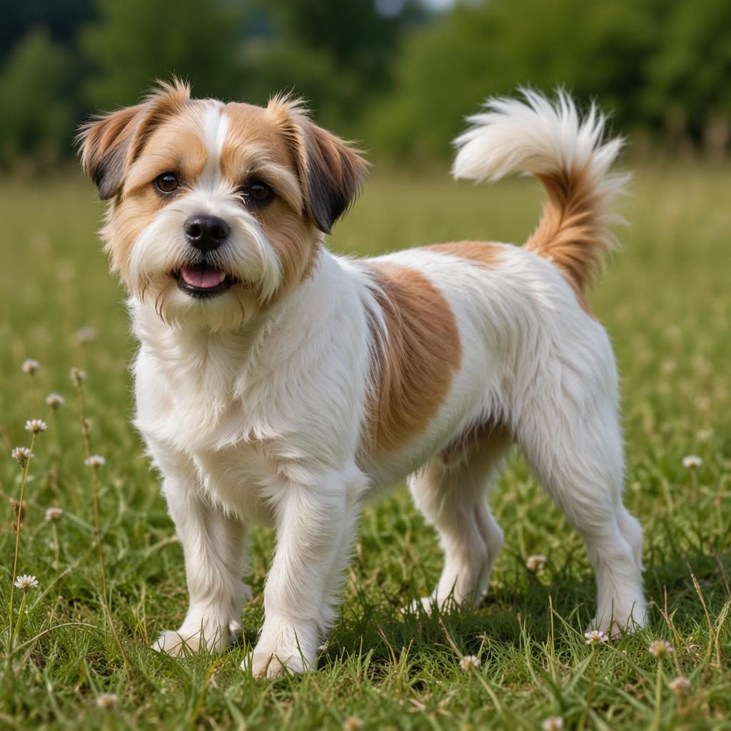 Illustration eines einzelnen Shih Tzu Jack Russell Mix Hundes auf einer grünen Wiese, freundlich, gepflegt, fotorealistisch