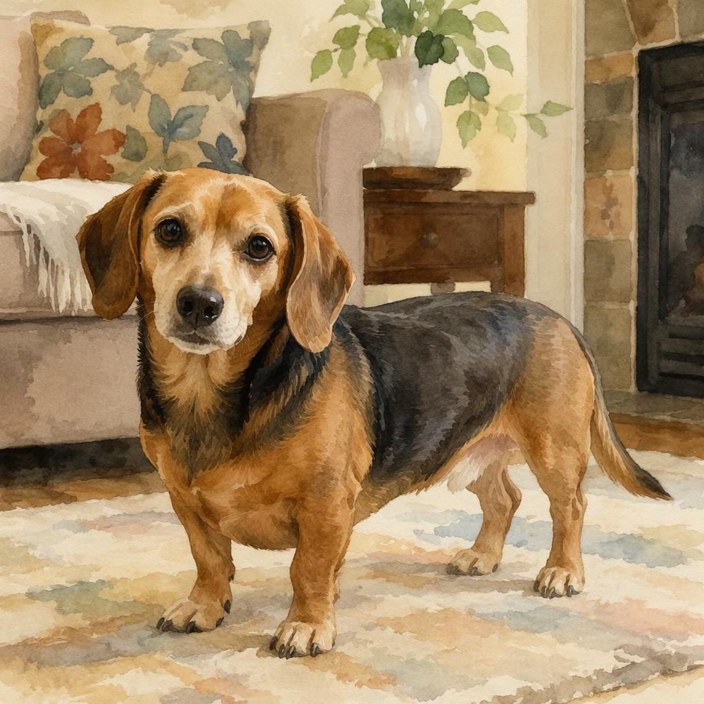 Senior beagle dachshund mix dog in watercolor style, resting in a cosy living room with soft natural light.