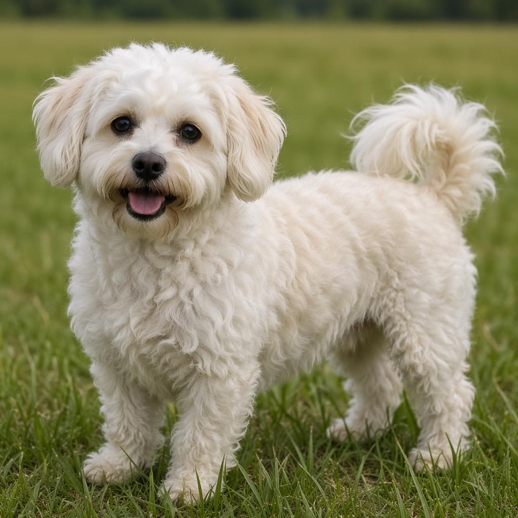Ein einzelner senior Hund als Bichon Frisé Mischling steht entspannt auf einer grünen Wiese bei weichem Tageslicht.