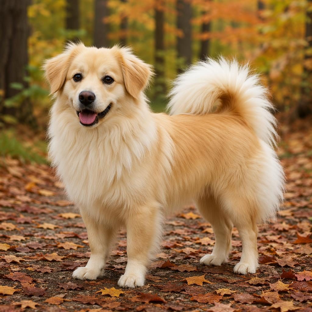 Photo-real illustration of a single friendly doxle-like mixed dog in an autumn forest with soft light and fluffy fur.